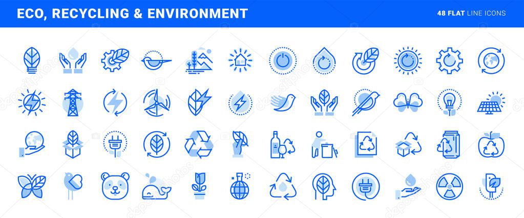 Set of flat line icons of environment, green technology, renewable energy, recycling. Vector concepts for website and app design and development.
