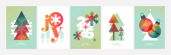 Набор рождественских и новогодних открыток. Векторные иллюстрации для поздравительной открытки, пригласительного билета, баннера на сайте, баннера в социальных сетях, маркетинговых материалов.