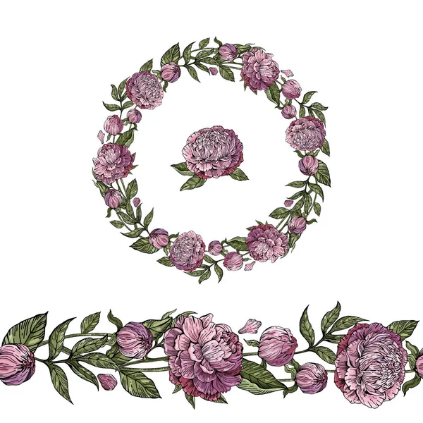 Couronne Mariage Enregistrer Date Pivoines Rose Pâle Illustration Vectorielle Fleurs — Image vectorielle