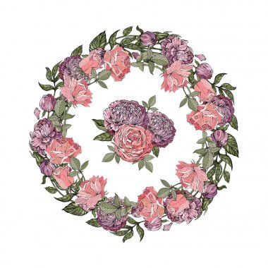 Düğün çelengi tarihi kaydedin. Pembe, kırmızı gül. Narin leylak şakayıklar. Vektör illüstrasyon. Yaz çiçekleri. Beyaz arka planda izole edilmiş. Retro, vintage.