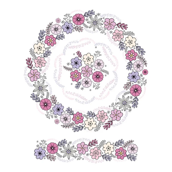 Brillante Corona Floral Doodles Estilo Dibujado Mano Niña Conjunto Gráfico — Vector de stock