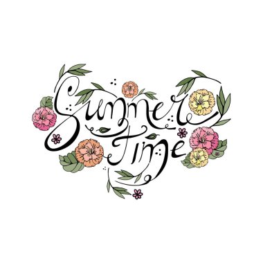 Çiçek desenli yaz tasarımı. Yaz Tatili Yazısı. Yaz. Yaz saati kartpostalı. Mevsimlik yazıtlar. Mürekkep illüstrasyon. Modern kaligrafi. Beyaz üzerine izole