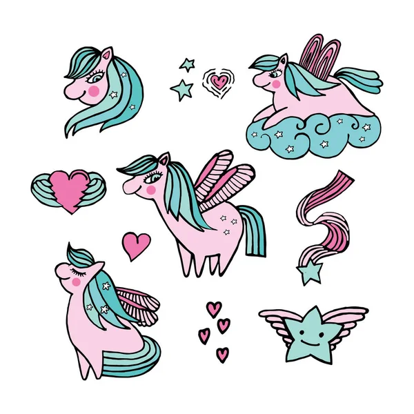 Set Kuda Poni Merah Muda Lucu Tersenyum Karakter Kartun Lucu - Stok Vektor