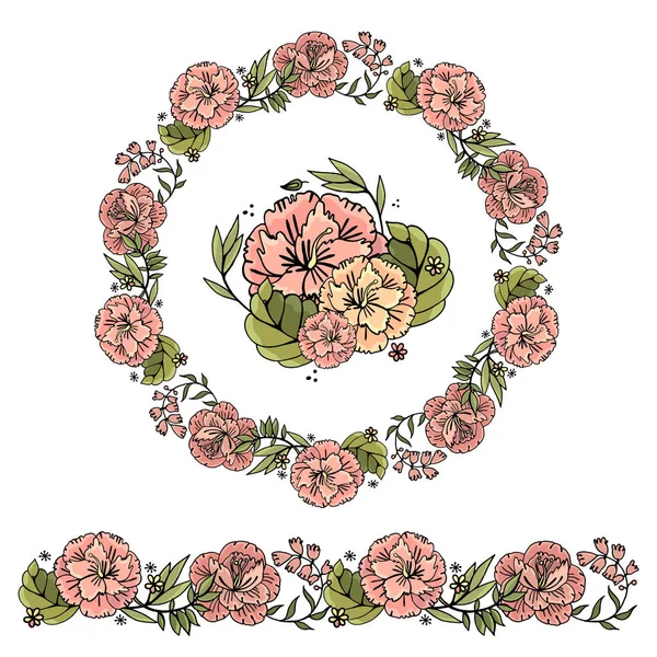 Στρογγυλό Floral Στεφάνι Και Μια Ατελείωτη Βούρτσα Από Στυλιζαρισμένο Γρασίδι — Διανυσματικό Αρχείο