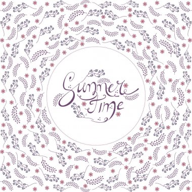 Zarif pastel renkler ve otlar ve metin yaz saati ile yuvarlak çerçeve. Sezon tasarımı için çiçek daire. Metnin etrafında çiçek arka plan. Kartlar, afiş ve davetiyeler tasarlamak için çiçekler ile çevrili metin.