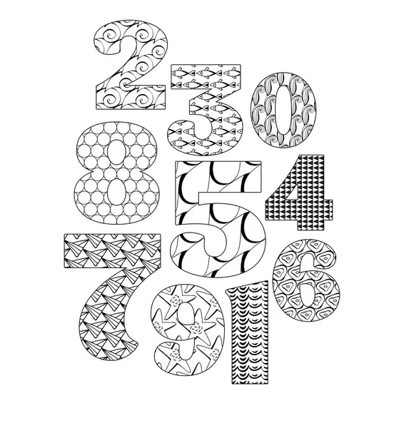 Zentangle 图稿样式设置的数字和数字 字母着色 隔离背景上的黑白矢量对象 海洋风格 — 图库矢量图片