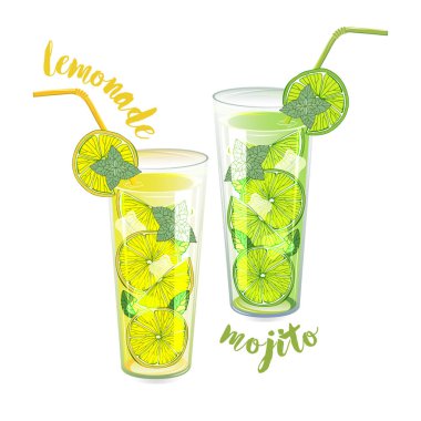 Serinletici yaz kokteylleri. Mojito ve limonata. Buzla iç. Yaz tasarımı için vektör görüntüsü. Beyaz arka planda yalıtılmış nesne.