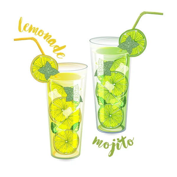 Serinletici Yaz Kokteylleri Mojito Limonata Buzla Yaz Tasarımı Için Vektör — Stok Vektör