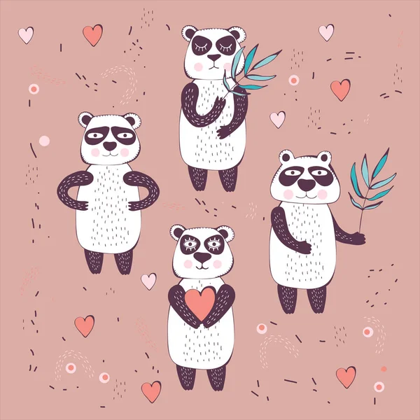 Група Симпатичних Смішних Панди Дитячому Стилі Малювання Руками Щасливий Панда — стоковий вектор