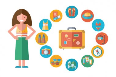 Kız tatilde bavulu topluyor. Dinlenme ve tatil temasında farklı vektör nesneleri. Yalıtılmış nesneler. Düz vektör.