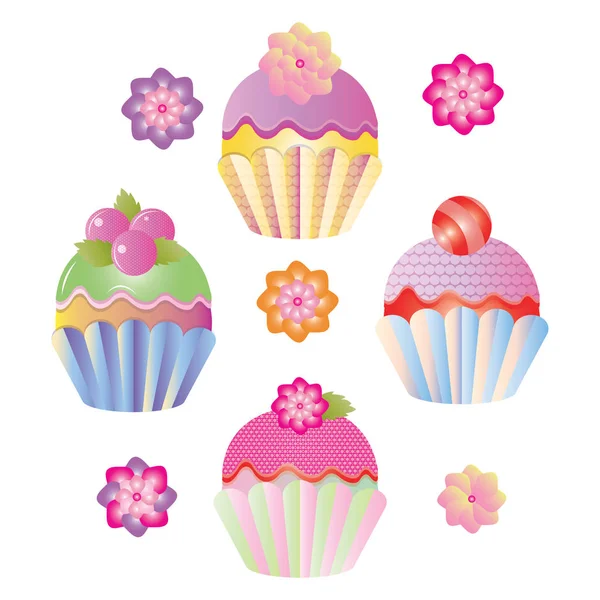 Ensemble de gâteaux et de bonbons. Muffins aux framboises et aux bleuets. Illustration vectorielle. Objets isolés sur fond blanc. Style lumineux pour les enfants . — Image vectorielle