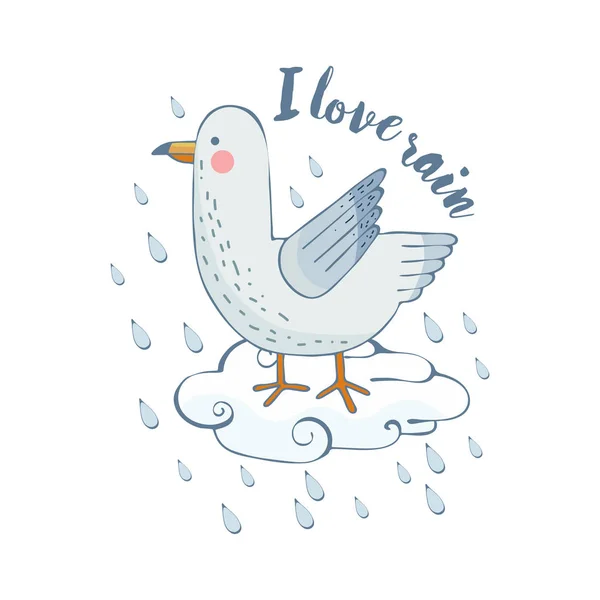 Люба, білий мартин сидить на хмарі. Йде дощ. Писати, що я люблю дощ. Векторні ілюстрації . — стоковий вектор
