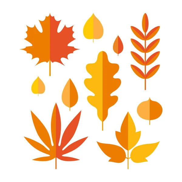 Набор ярких осенних листьев в плоском стиле. Стилизованные листья клена, роуэна, дуба, березы, осины, Линдена. Осенний сезонный дизайн. Изолированный векторный объект на белом фоне . — стоковый вектор