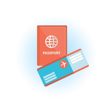 Vektör pasaportu ve uçak bileti. Beyaz arka planda yalıtılmış nesneler. Düz vektör. İnternet, web siteleri, sosyal ağlar için simgeler. Seyahat seti.