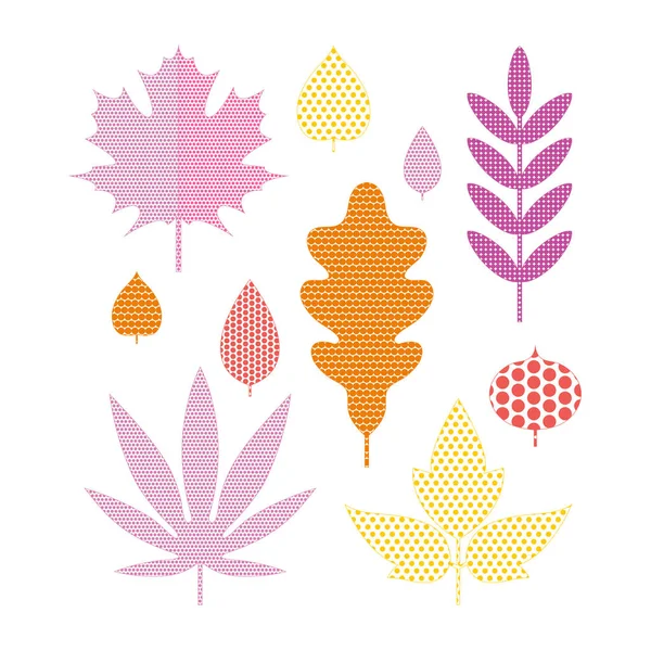 Düz tarzda parlak sonbahar yaprakları seti. Akçaağaç, Rowan, meşe, huş, Aspen, Linden stilize yaprakları. Sonbahar mevsimsel tasarım. Beyaz arka planda yalıtılmış vektör nesnesi. — Stok Vektör
