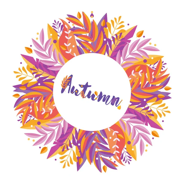 Yaprakları ve otlar sonbahar süsleme. Parlak renkli çelenk. Turuncu, mor, sarı, kırmızı renklerle stilize yaprakları. Renkli tasarım için banner.