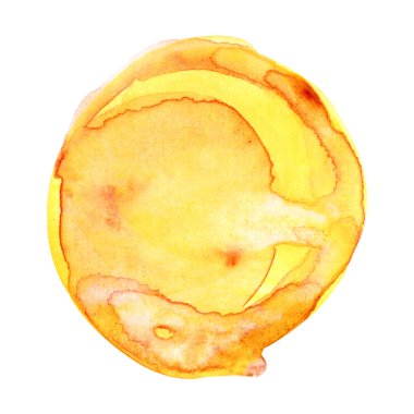 Beyaz arka planda izole suluboya güneş. Günbatımı veya yükselen güneş illüstrasyon. Yangın, tropikal, alev renkleri su rengi lekeleri ile yuvarlak şekil. Turuncu, kırmızı ve sarı daire, düzensiz kenarlı.