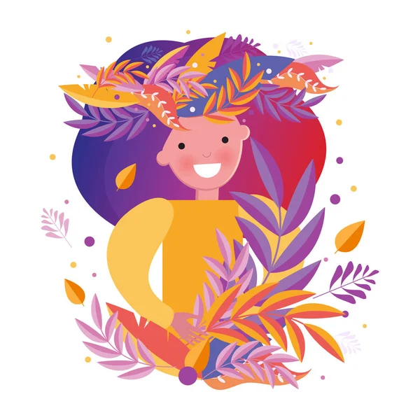 Ilustración brillante del vector otoñal. Chica feliz caminando en el otoño en el bosque entre las hojas de otoño. Colores brillantes y alegres. Hojas y hierbas estilizadas en naranja, púrpura, lila, rosa . — Vector de stock