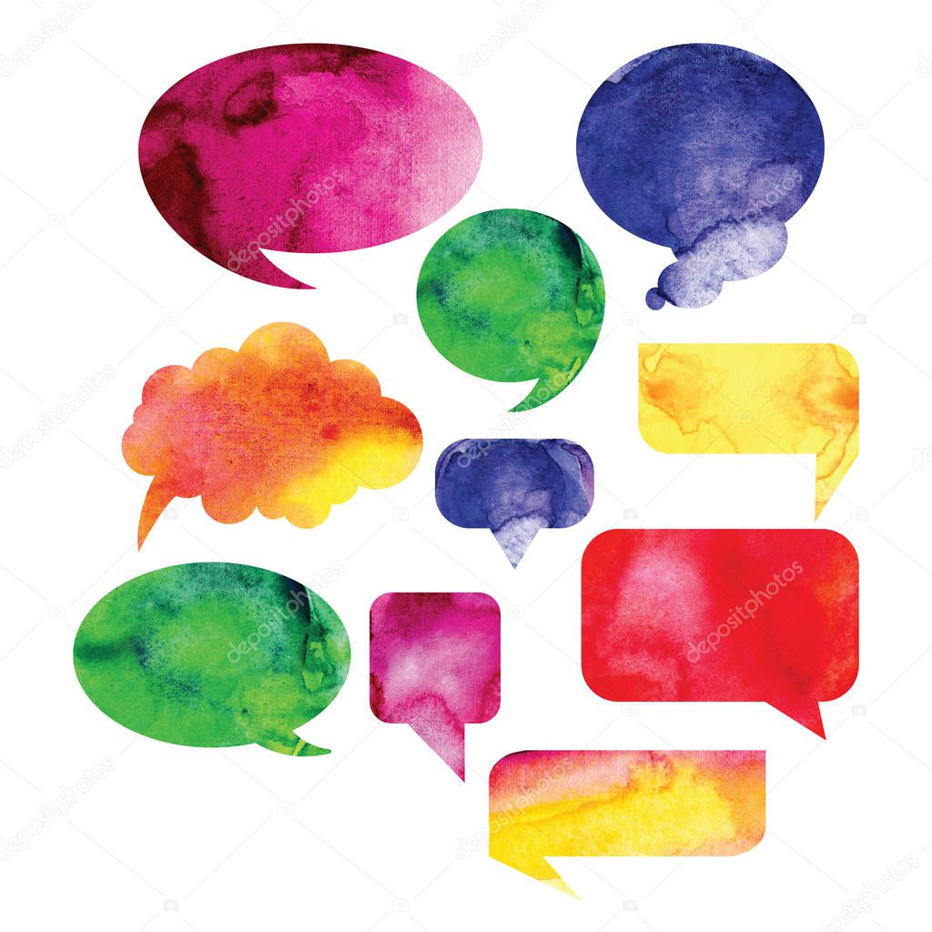 Set of Comic book dialog bubble. Vivid templates for dialogue in watercolor style. Hand drawing watercolor. Red, pink, yellow, green, blue, purple dialog box. Set of speech bubbles