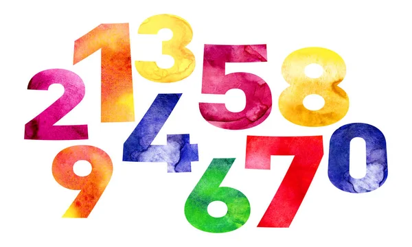 Сміливі числа пофарбовані в акварель. Дитячий, барвистий стиль. Сині, зелені, жовті, помаранчеві, червоні, фіолетові числа. Ізольовані об'єкти на білому тлі . — стокове фото