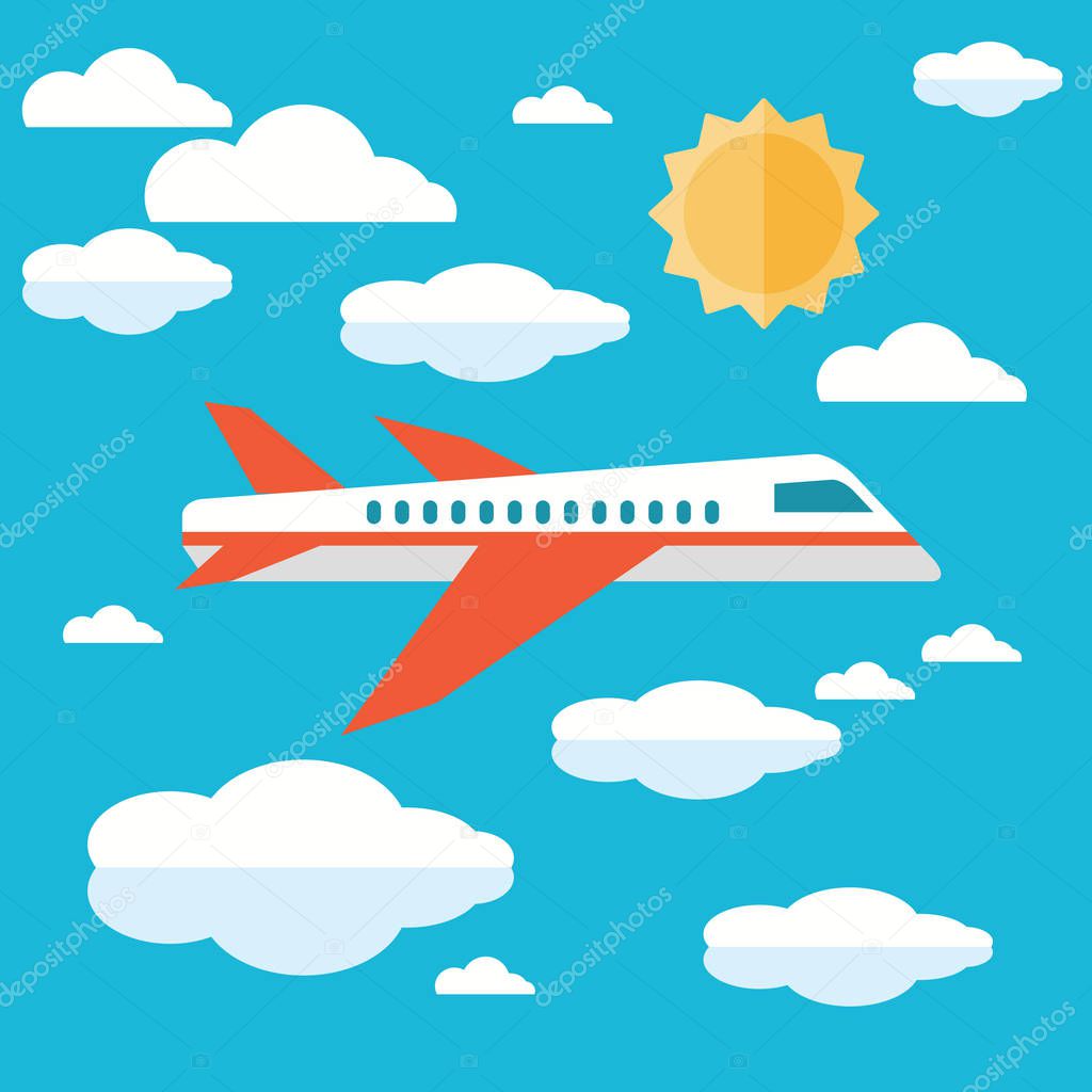 Flat design style modern vector illustration concept of modern detailed airplane flying through clouds in the blue sky. Isolated on stylish background.