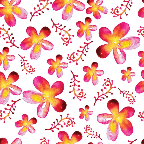 Fundo de aquarela floral sem costura. Textura em estilo infantil para têxteis, papel de parede, embalagem. Flores coloridas brilhantes e ervas em um estilo moderno . — Fotografia de Stock