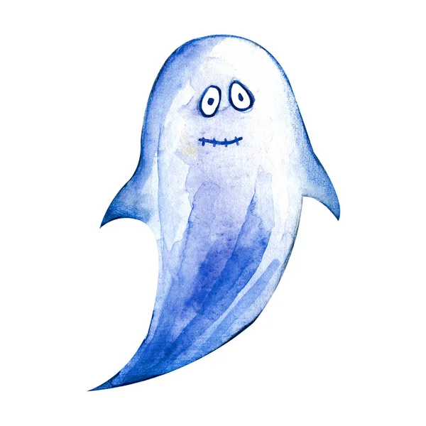 Aquarel illustratie van kleine spook karakter. Nieuwsgierige ronde ogen, vriendelijke gezichtsuitdrukking. Hand getrokken water kleur grafisch schilderij op witte achtergrond. Soort sprookje symbool. — Stockfoto