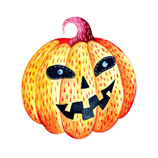 Zucca di Halloween in acquerello. Carino, stile divertente, rosso brillante. Disegno a mano. Oggetto isolato su sfondo bianco. Attributi per Halloween . — Foto Stock