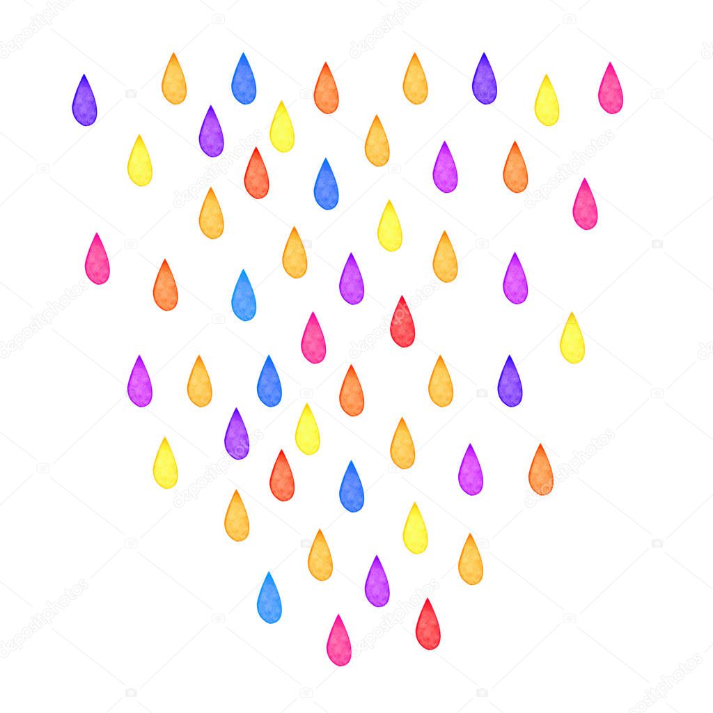 Colored rain in watercolor on a white background. Colorful drops. Hand-drawn painting on paper for your textiles, packaging, Wallpaper.
