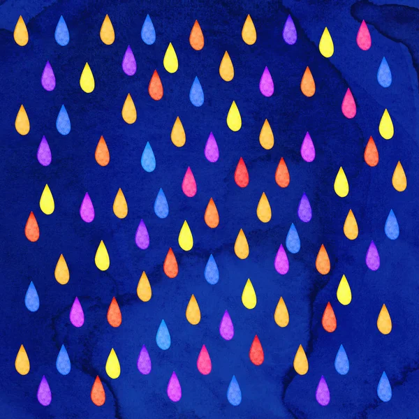 青い背景に、水彩画のシームレスな色の雨の背景。カラフルな滴。あなたの織物、包装のための紙に手描きの絵画, — ストック写真