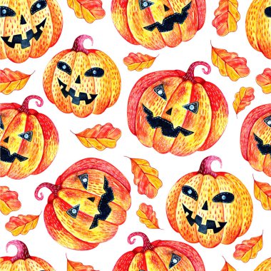 Sonbaharda Cadılar Bayramı için suluboya kabaklar Dikişsiz arka plan beyaz arka plan üzerinde bırakır. Sonbahar tatili için desen. Mistik, muhteşem, eğlenceli bir tarz. Ambalaj tasarımı için parlak doku,