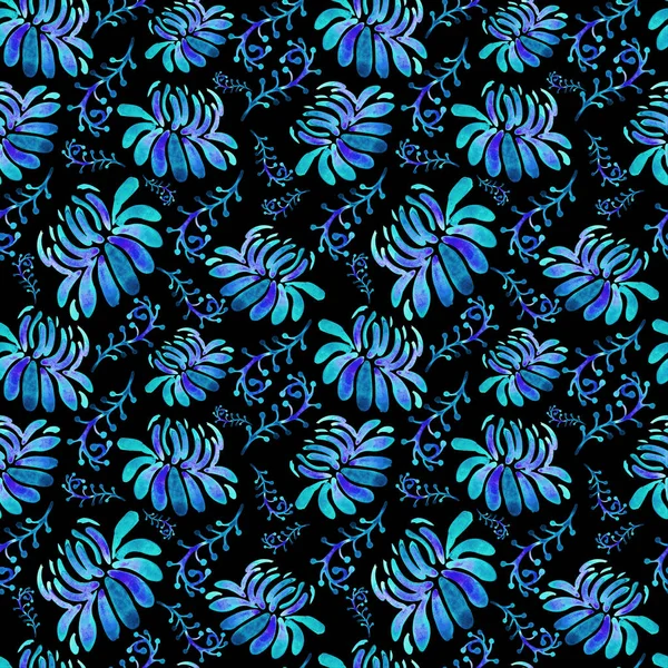 Fondo floral sin costuras en acuarela sobre fondo negro. Azul, púrpura, azul. Textura en estilo infantil para textiles, Papel pintado, embalaje. Flores de colores brillantes y hierbas en un estilo moderno . — Foto de Stock