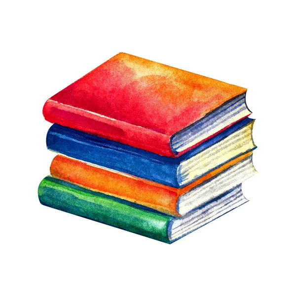 Una pila de libros, libros escolares con cubiertas brillantes en acuarelas. Objeto aislado sobre fondo blanco. Ilustración dibujada a mano en un estilo divertido para niños . — Foto de Stock