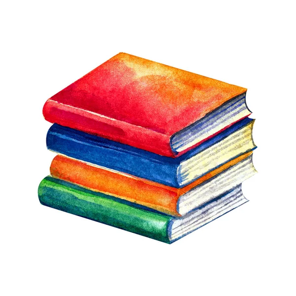 Bir yığın kitap, suluboya parlak kapaklı okul kitapları. Beyaz arka planda yalıtılmış nesne. Eğlenceli, çocuk stilinde elle çizilmiş illüstrasyon.