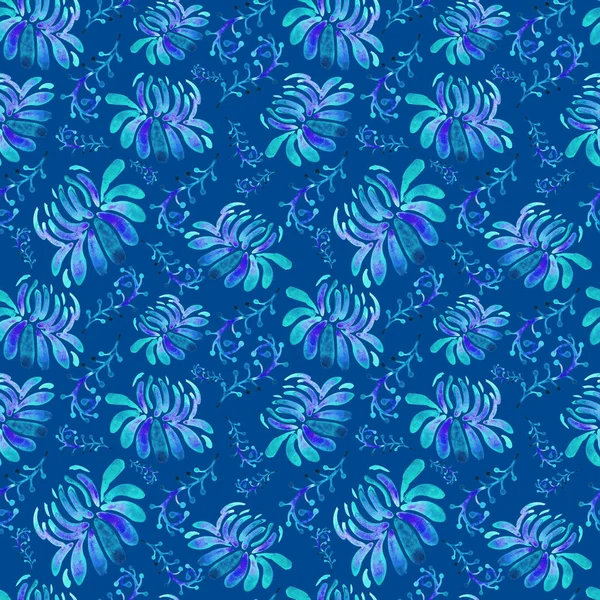 Fondo floral sin costuras en acuarela sobre fondo azul. Azul, púrpura, Textura en estilo infantil para textiles, Papel pintado, Embalaje. Flores de colores brillantes y hierbas en un estilo moderno . — Foto de Stock