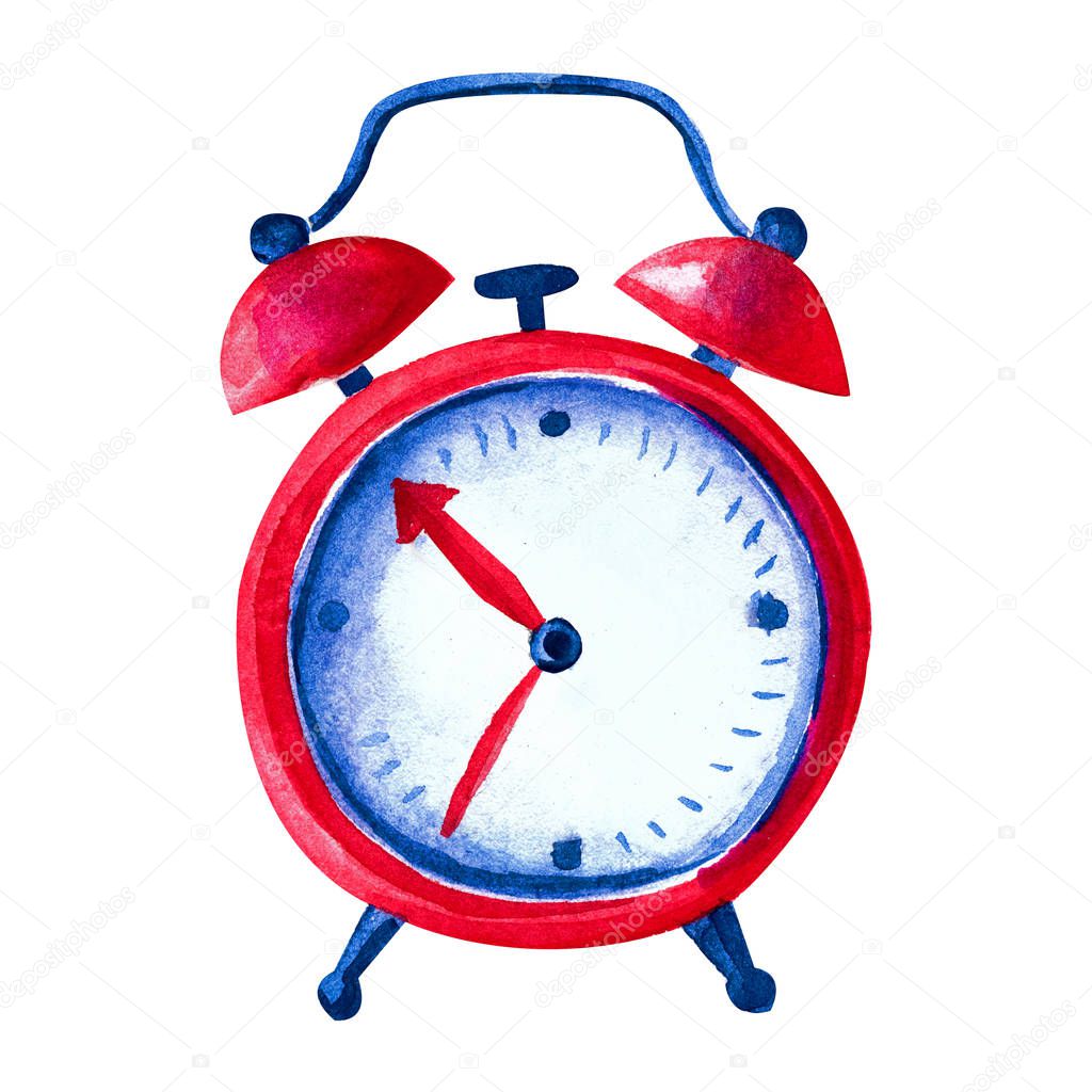 Beautiful red alarm clock in watercolor. Isolated object on white background. Hand-drawn illustration of the clock in a fun, children's style.