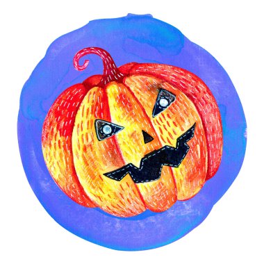 Beyaz arka plan üzerinde izole mavi daire suluboya Halloween kabak. Sevimli, eğlenceli tarzı, parlak kırmızı ve turuncu. El çizimi. Çıkartmalar, mıknatıslar, simgeler için tasarım.