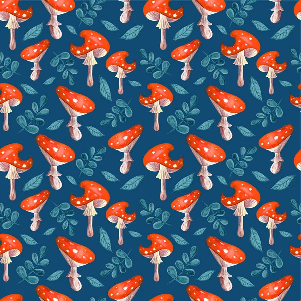 Seamless pattern of red fairy toadstools in watercolor leaves on turquoise background. Illustration of Forest mushrooms in a Mystical, childish, cute style. Hand-drawn background for packaging, textil