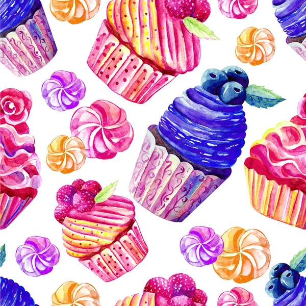 Seamless pattern of cakes, cupcakes, marshmallows in watercolor on white background. Hand-drawn. Illustration of sweets. Background for packaging, textiles, Wallpaper. Confectionery
