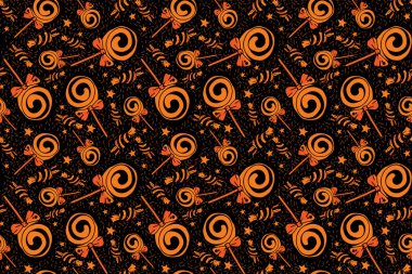 Siyah bir arka plan üzerinde şeker ve Lolipop Vektör dikişsiz desen. Cadılar Bayramı için tatlılar. Tekstil, kağıt, duvar kağıdı, ambalaj, afiş, kart, davetiye, kartpostal için parlak tasarım. Şenlikli dekorio
