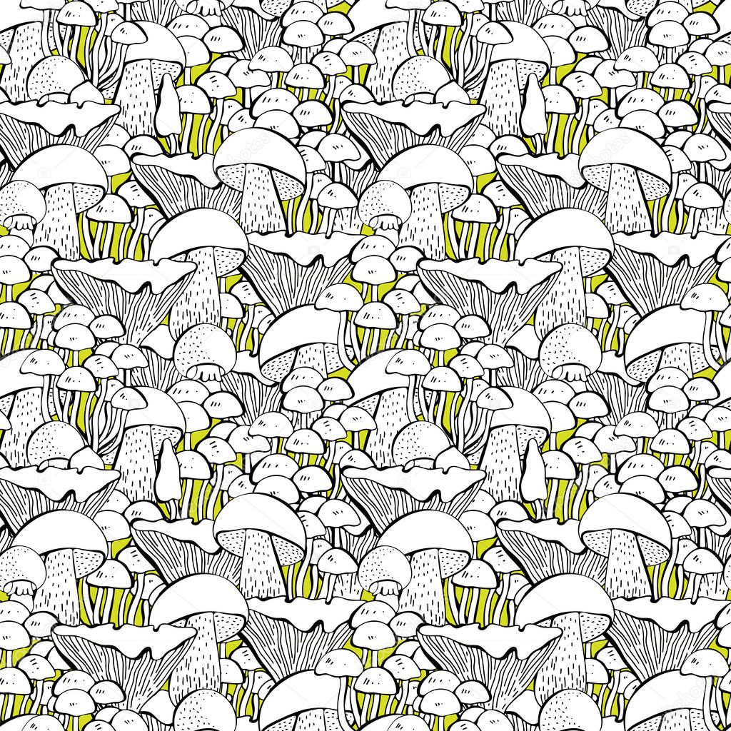Mushroom Hand Drawn Seamless Pattern Isolated Sketch Food Drawing Background Champignon Morel Truffle Enokitake Porcini Oyster Honey Agaric Chanterelle Wood Ear Shiitake Organic Vegetarian Premium Vector In Adobe Illustrator Ai