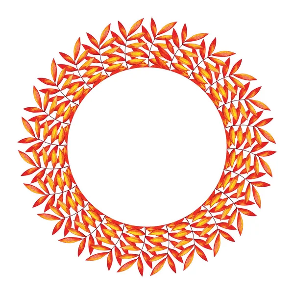 Round frame with red and yellow autumn leaves. Blank template for image decoration, sale banner, wedding card and logo. The concept of a circle of foliage. Hand-drawn watercolor