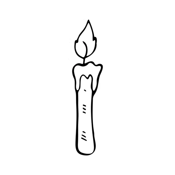 Brennende Kerze mit einem schwarzen Strich auf weißem Hintergrund gezeichnet. isoliertes Objekt. Handzeichnung. Artikel für Halloween, Weihnachten, Neujahr, — Stockvektor