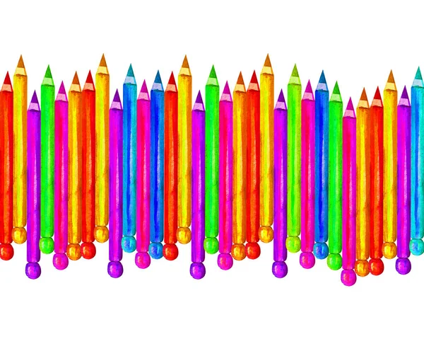 Colorful wooden pencils in watercolor, isolated on a white background, for the design of banners, postcards, greetings on the theme of school. Green blue pink orange purple yellow color pencil card fo — Stock Photo, Image