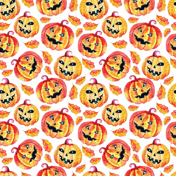 Seamless background in watercolor pumpkins for Halloween in autumn leaves on white background. Pattern for autumn holiday. Mystical, fabulous, fun style. Bright texture for packaging design,