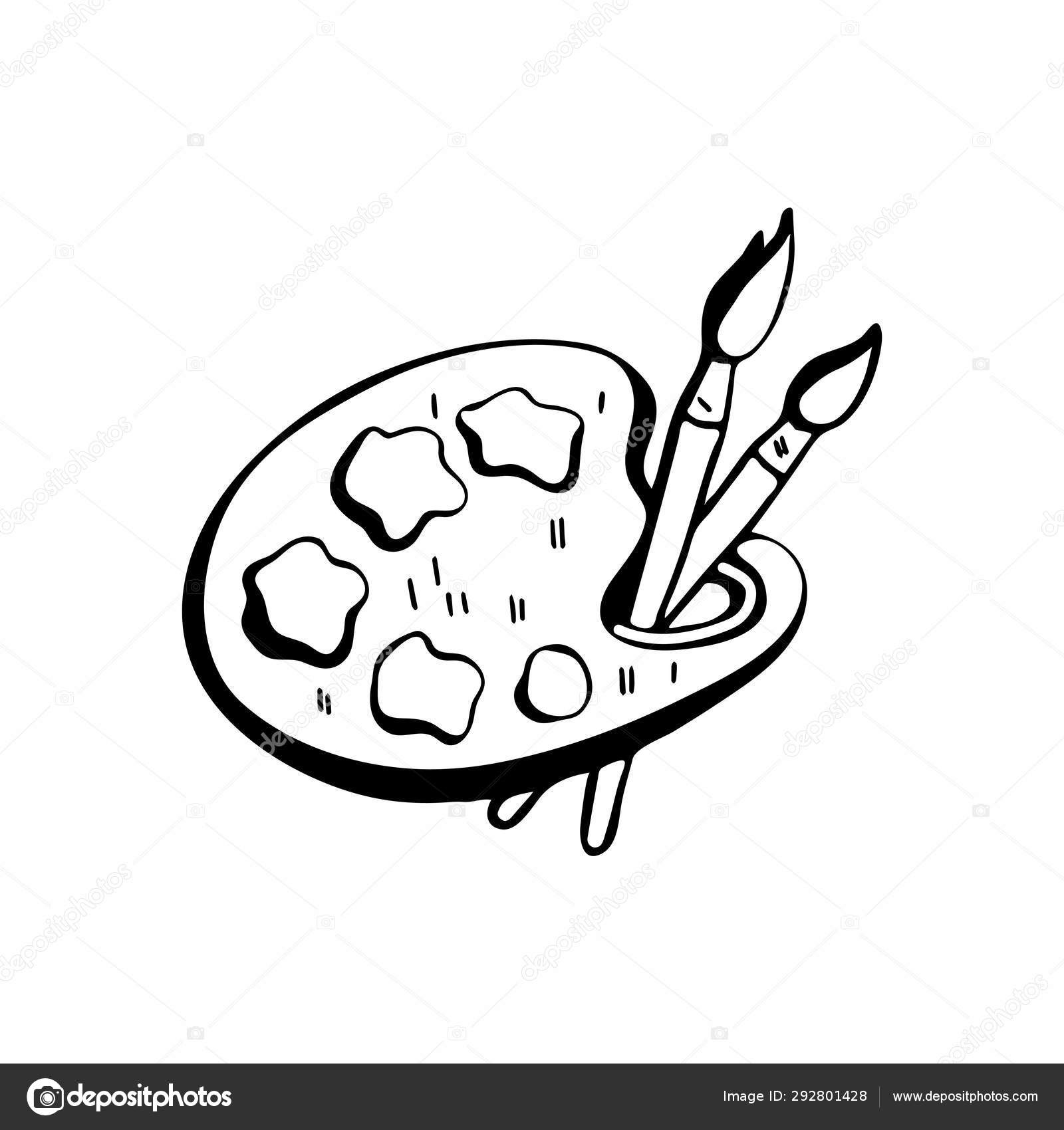 Artist S Palette With Paints And Brushes Black And White Vector