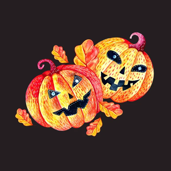 Lustige Kürbisse zu Halloween in gelben Herbstblättern in Aquarell auf schwarzem Hintergrund. helle festliche Illustration im niedlichen Kinderstil Handzeichnung. Mystik. zwei Kürbisse lächeln fröhlich. — Stockfoto