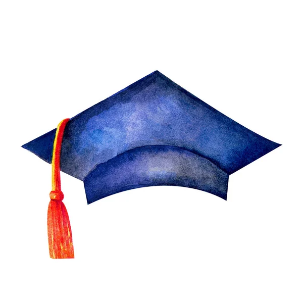 Akvarell illusztráció akadémiai hallgatói érettségi ünnepe egységes sapka. Egyetemi kalap fekete tintával izolált — Stock Fotó