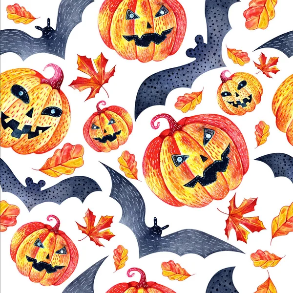 Fondo sin costuras en calabazas acuarela, hojas de otoño y murciélagos. Patrón para las vacaciones de otoño de Halloween. Estilo místico, fabuloso, divertido. Textura brillante para embalaje, textiles . —  Fotos de Stock