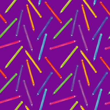 Suluboya renkli kalemler ile Dikişsiz desen. Beyaz arka plan üzerine okul teması. Tasarım tekstil, kağıt, Duvar Kağıdı, ambalaj, afiş, kartpostal, davetiye, kumaş.